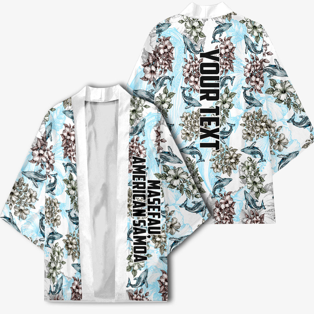 Personalized Masefau American Samoa Kimono Vintage Whale Hibiscus Ocean Waves