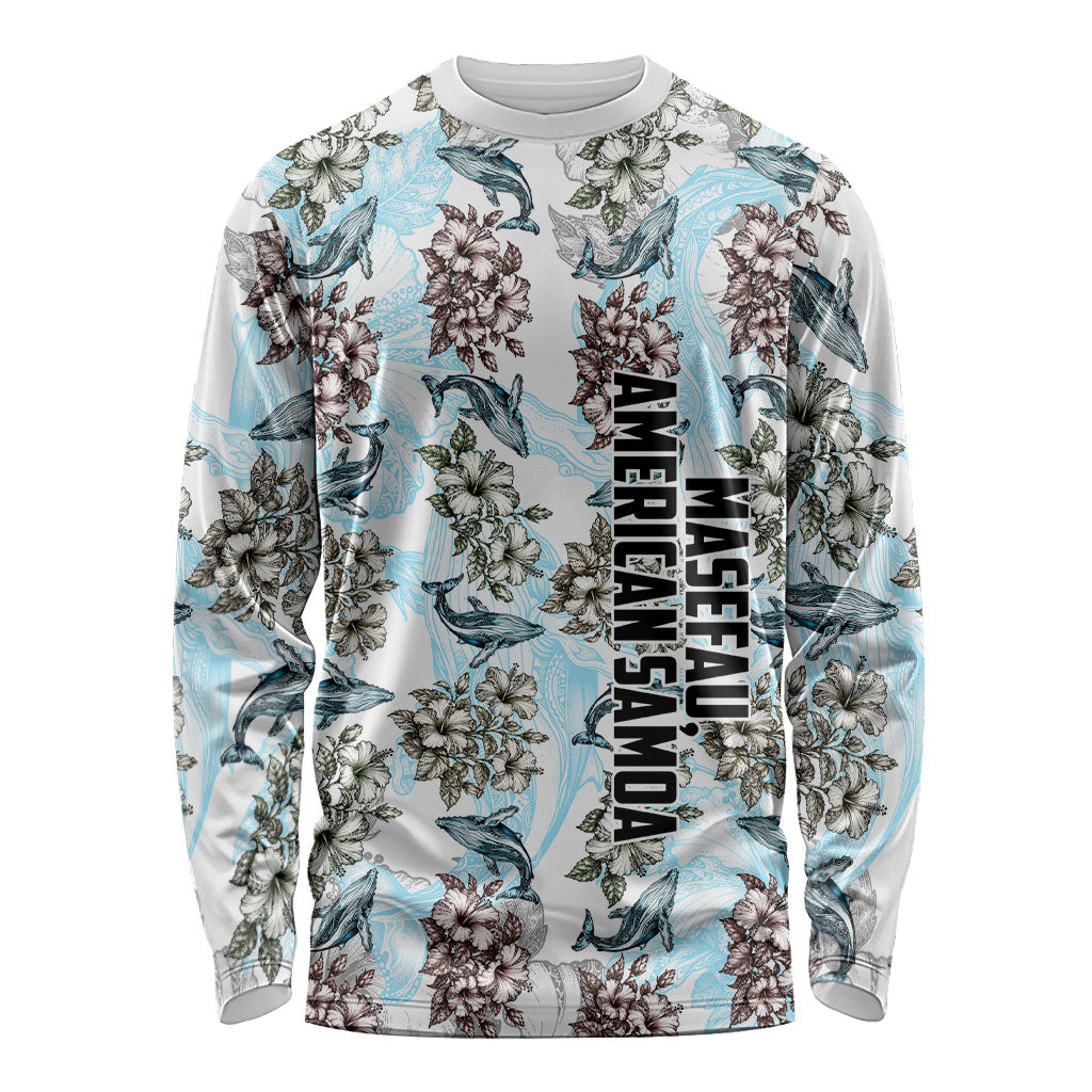 Personalized Masefau American Samoa Long Sleeve Shirt Vintage Whale Hibiscus Ocean Waves TS04 Unisex White Blue - Polynesian Pride