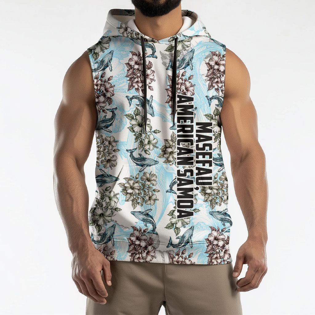 Personalized Masefau American Samoa Sleeveless Hoodie Vintage Whale Hibiscus Ocean Waves