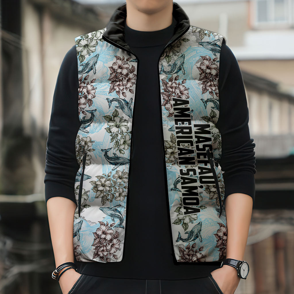 Personalized Masefau American Samoa Sleeveless Puffer Jacket Vintage Whale Hibiscus Ocean Waves
