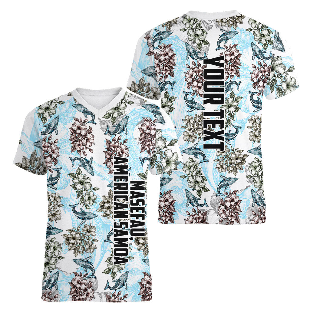 Personalized Masefau American Samoa Women V-Neck T-Shirt Vintage Whale Hibiscus Ocean Waves TS04 - Polynesian Pride