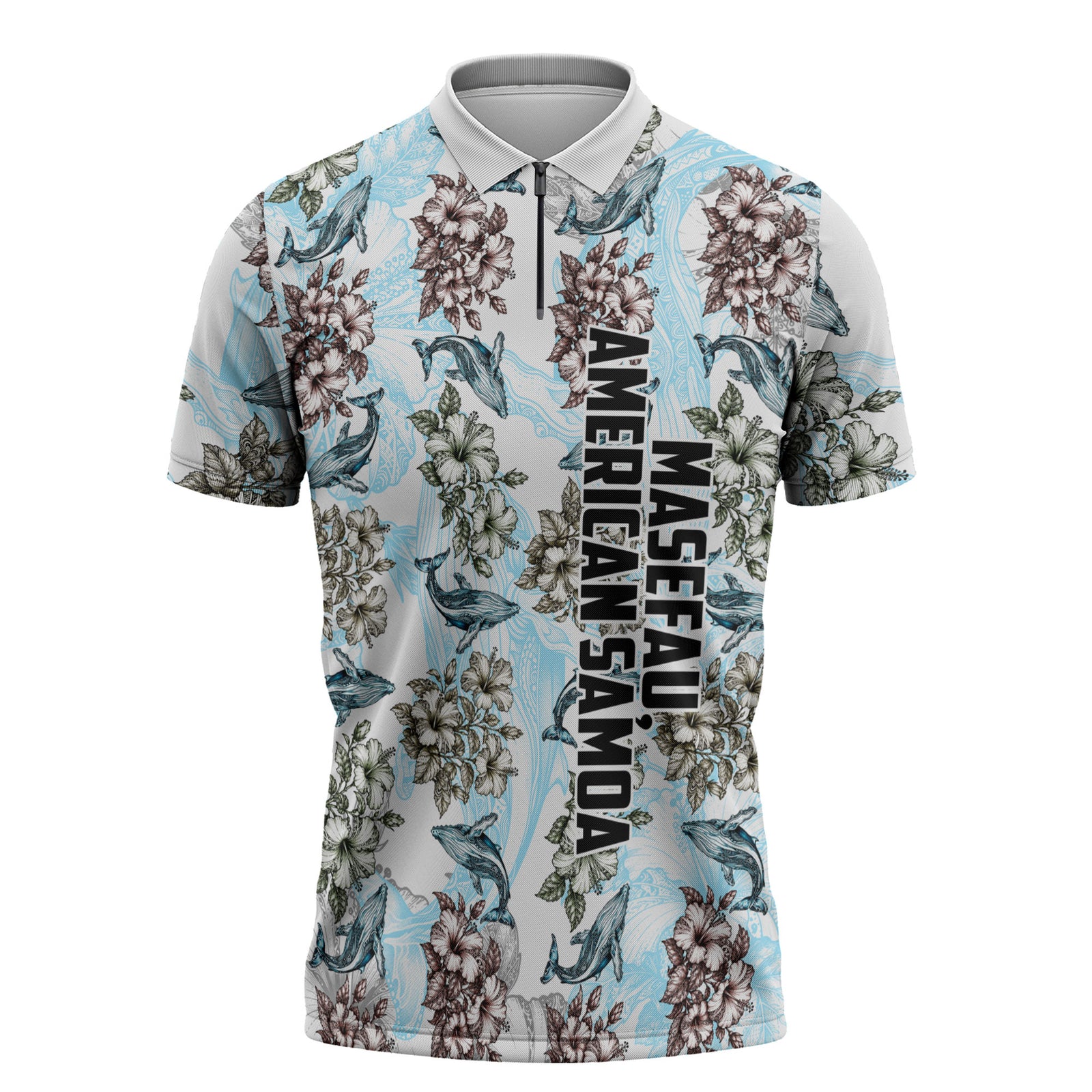 Personalized Masefau American Samoa Zipper Polo Shirt Vintage Whale Hibiscus Ocean Waves TS04 White Blue - Polynesian Pride