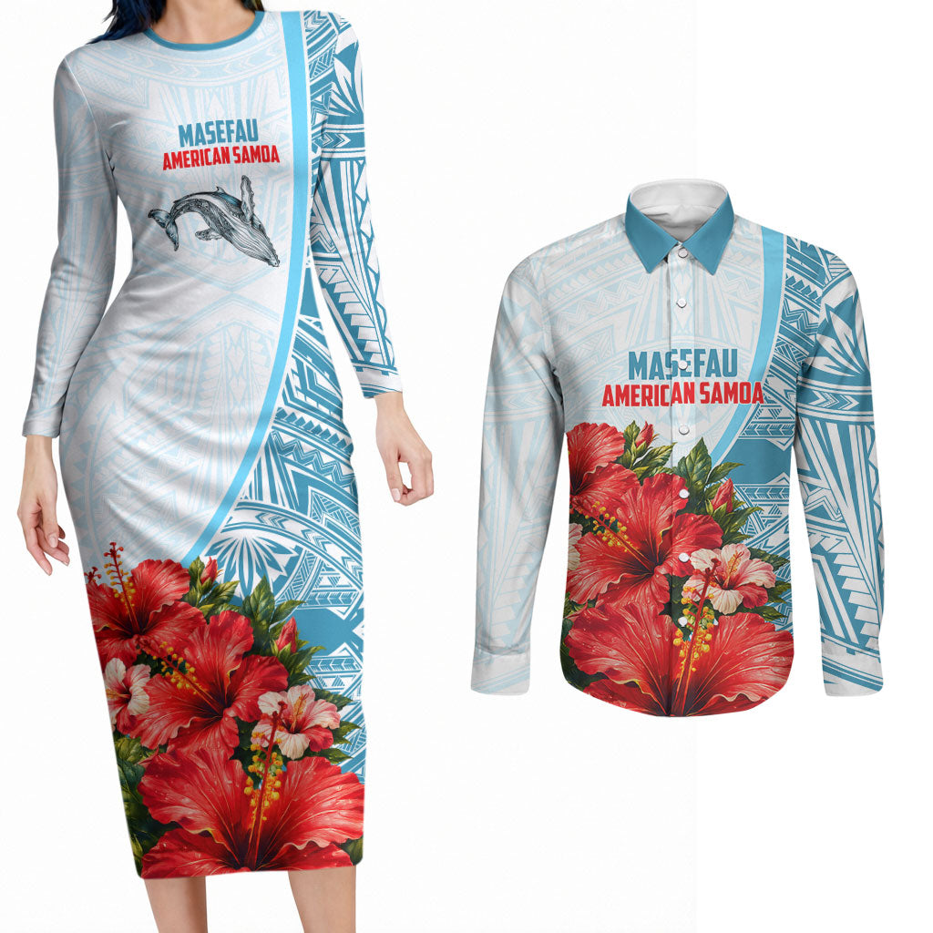 Personalized American Samoa Masefau Couples Matching Long Sleeve Bodycon Dress and Long Sleeve Button Shirt Hibiscus Tropical Floral Whale Polynesian Tribal Pattern