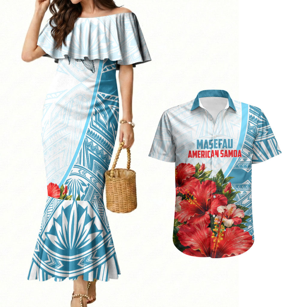 Personalized American Samoa Masefau Couples Matching Mermaid Dress and Hawaiian Shirt Hibiscus Tropical Floral Whale Polynesian Tribal Pattern