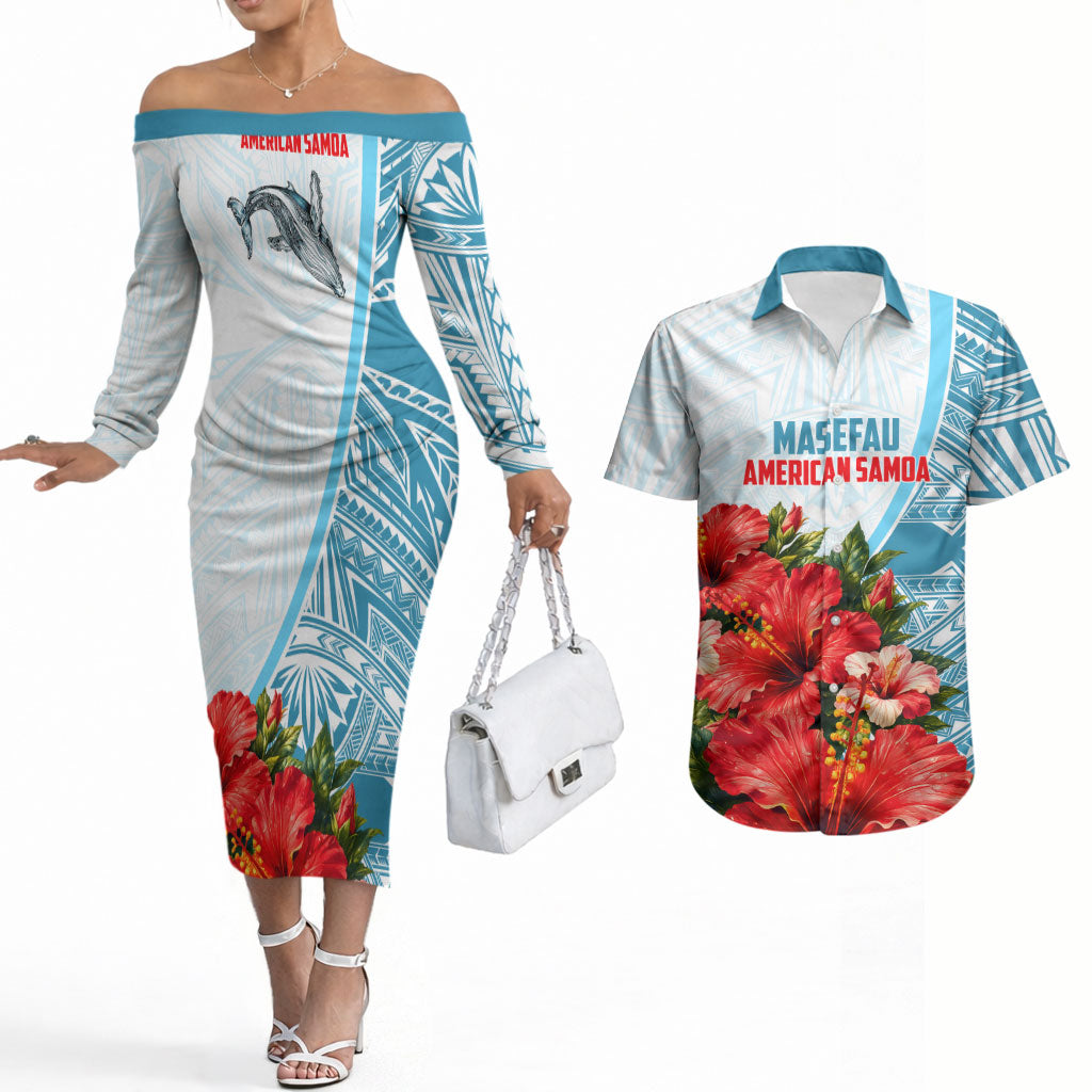 Personalized American Samoa Masefau Couples Matching Off The Shoulder Long Sleeve Dress and Hawaiian Shirt Hibiscus Tropical Floral Whale Polynesian Tribal Pattern