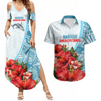 Personalized American Samoa Masefau Couples Matching Summer Maxi Dress and Hawaiian Shirt Hibiscus Tropical Floral Whale Polynesian Tribal Pattern TS04 White Blue - Polynesian Pride