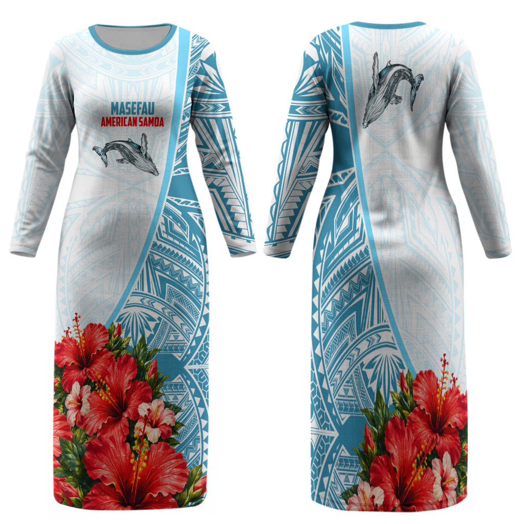Personalized American Samoa Masefau Family Matching Long Sleeve Bodycon Dress and Hawaiian Shirt Hibiscus Tropical Floral Whale Polynesian Tribal Pattern TS04 Mom's Dress White Blue - Polynesian Pride