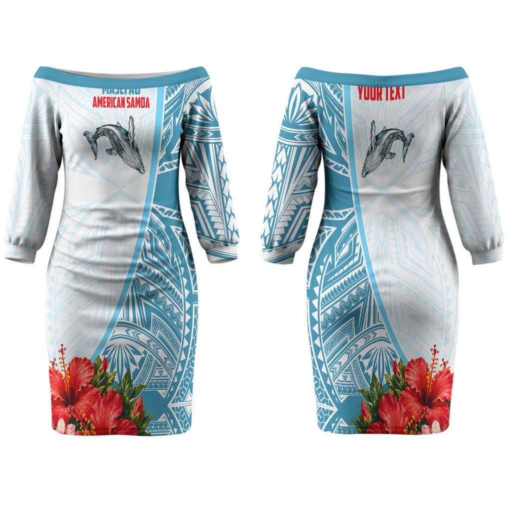 Personalized American Samoa Masefau Family Matching Off The Shoulder Long Sleeve Dress and Hawaiian Shirt Hibiscus Tropical Floral Whale Polynesian Tribal Pattern TS04 Mom's Dress White Blue - Polynesian Pride