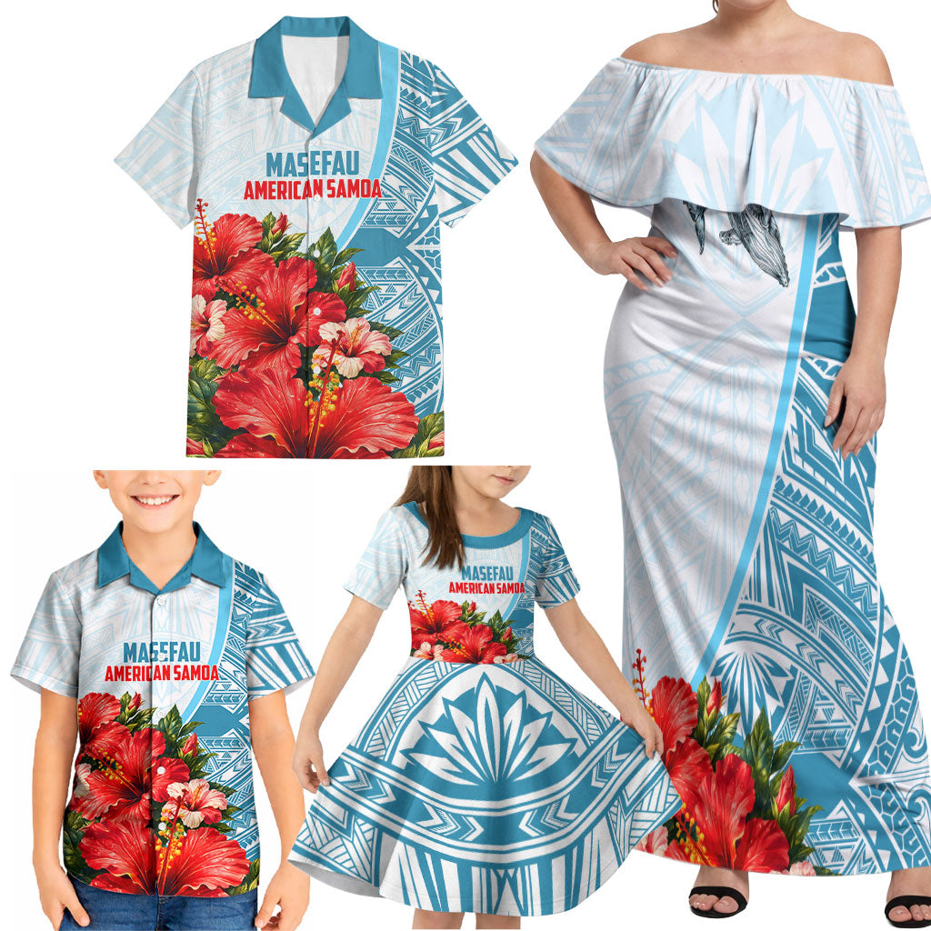 Personalized American Samoa Masefau Family Matching Off Shoulder Maxi Dress and Hawaiian Shirt Hibiscus Tropical Floral Whale Polynesian Tribal Pattern