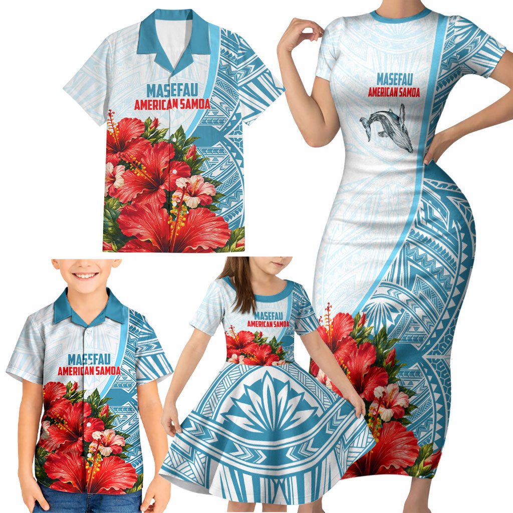 Personalized American Samoa Masefau Family Matching Short Sleeve Bodycon Dress and Hawaiian Shirt Hibiscus Tropical Floral Whale Polynesian Tribal Pattern