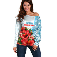 Personalized American Samoa Masefau Off Shoulder Sweater Hibiscus Tropical Floral Whale Polynesian Tribal Pattern