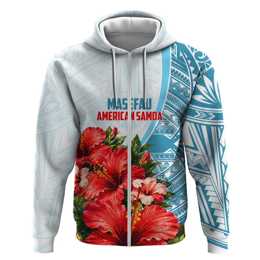 Personalized American Samoa Masefau Zip Hoodie Hibiscus Tropical Floral Whale Polynesian Tribal Pattern