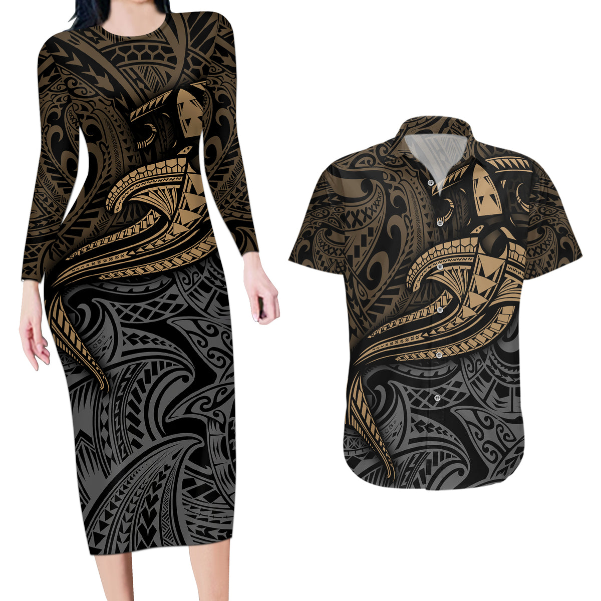 Polynesian Couples Matching Long Sleeve Bodycon Dress and Hawaiian Shirt Hammerhead Shark Tribal Pattern TS04 Black Yellow - Polynesian Pride