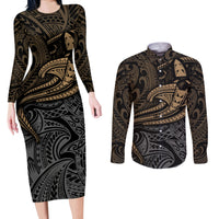 Polynesian Couples Matching Long Sleeve Bodycon Dress and Long Sleeve Button Shirts Hammerhead Shark Tribal Pattern TS04 Black Yellow - Polynesian Pride