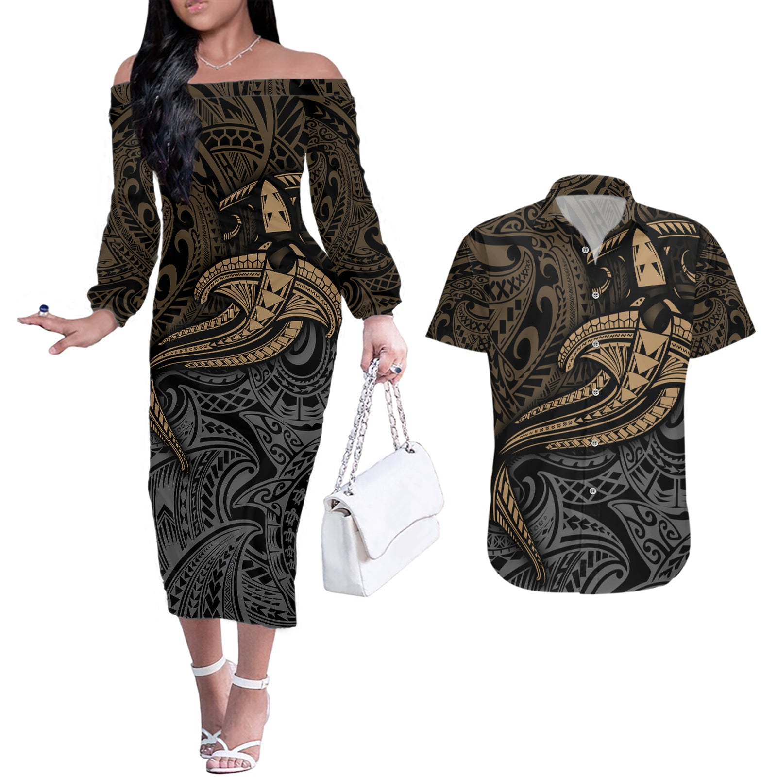 Polynesian Couples Matching Off The Shoulder Long Sleeve Dress and Hawaiian Shirt Hammerhead Shark Tribal Pattern TS04 Black Yellow - Polynesian Pride