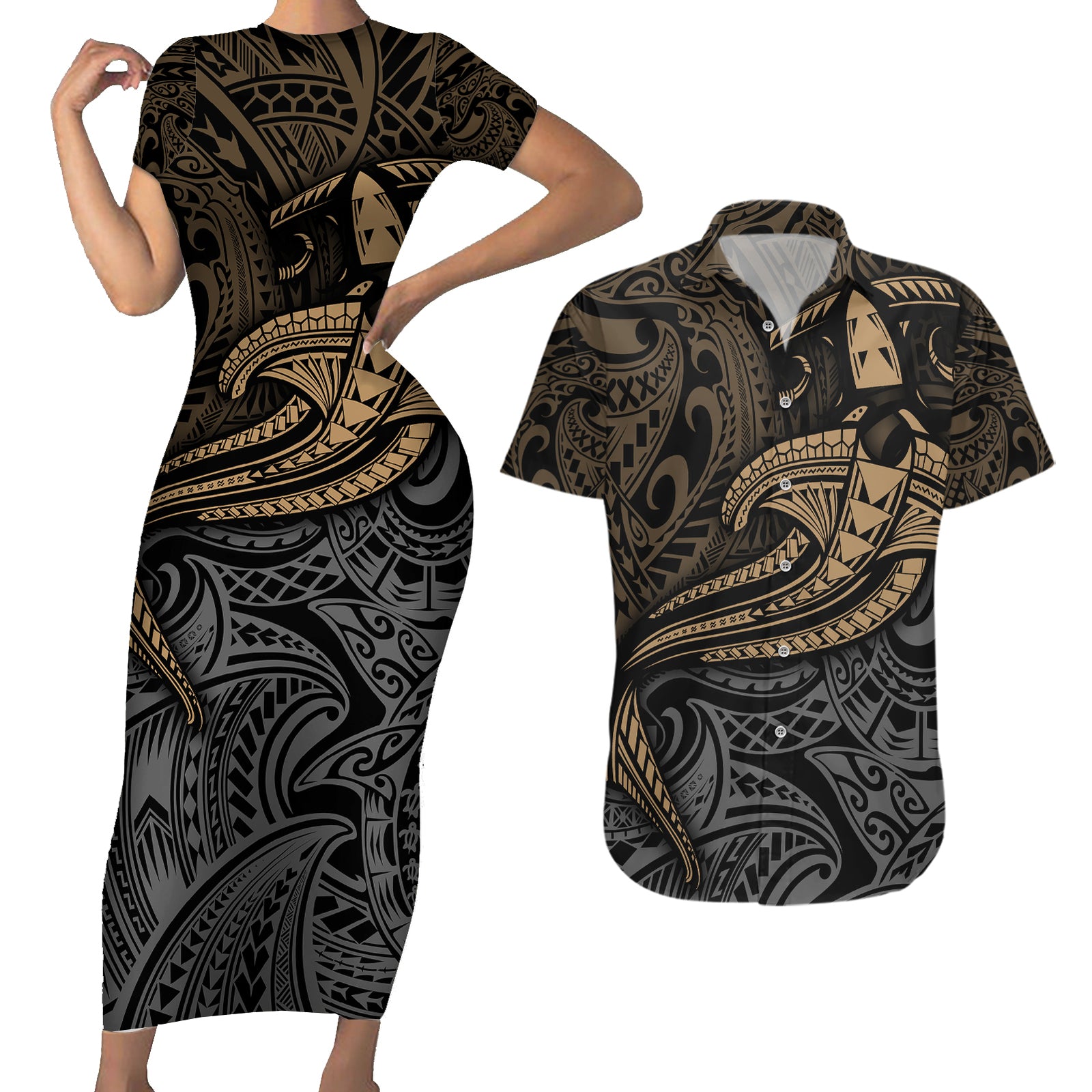 Polynesian Couples Matching Short Sleeve Bodycon Dress and Hawaiian Shirt Hammerhead Shark Tribal Pattern TS04 Black Yellow - Polynesian Pride