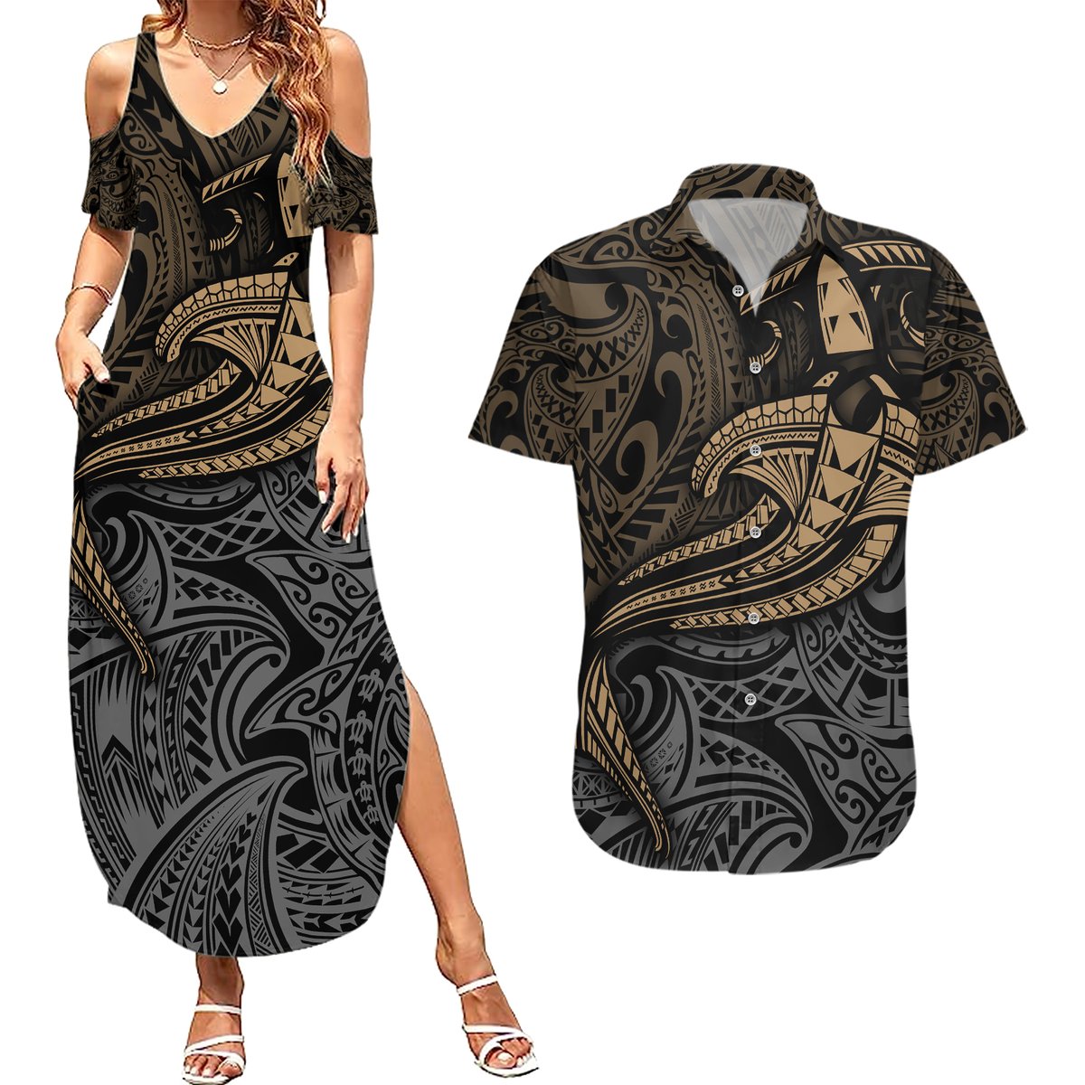 Polynesian Couples Matching Summer Maxi Dress and Hawaiian Shirt Hammerhead Shark Tribal Pattern TS04 Black Yellow - Polynesian Pride