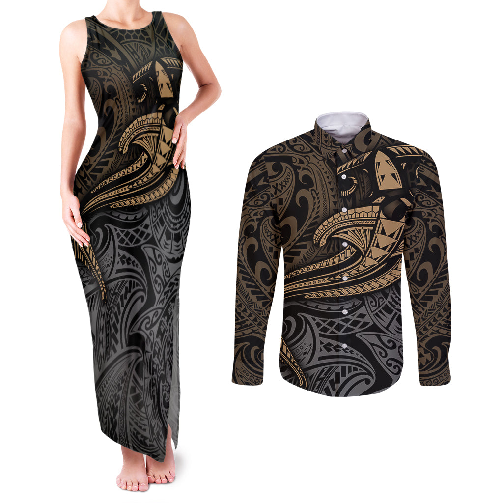 Polynesian Couples Matching Tank Maxi Dress and Long Sleeve Button Shirts Hammerhead Shark Tribal Pattern TS04 Black Yellow - Polynesian Pride