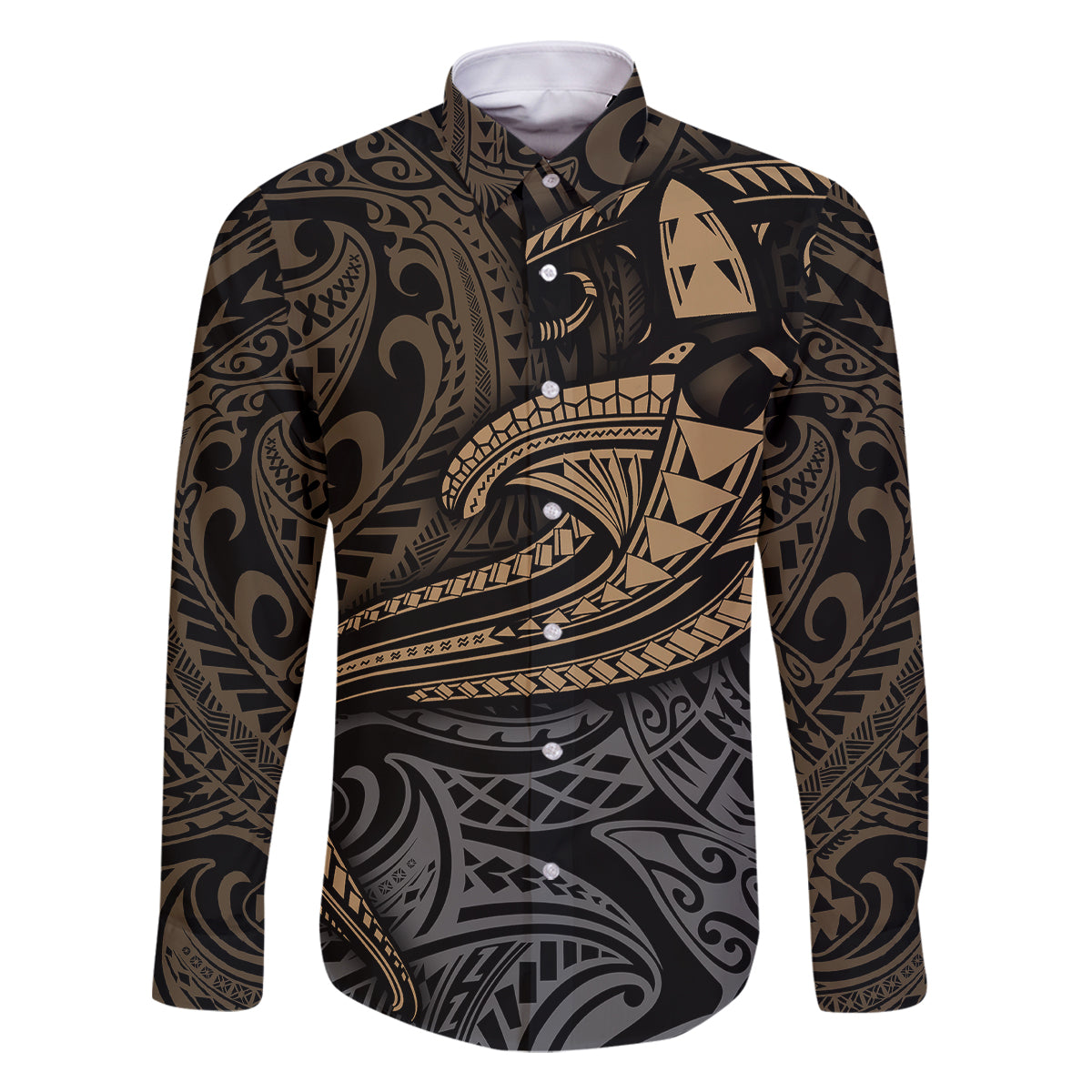 Polynesian Family Matching Off Shoulder Long Sleeve Dress and Hawaiian Shirt Hammerhead Shark Tribal Pattern TS04 Dad's Shirt - Long Sleeve Black Yellow - Polynesian Pride