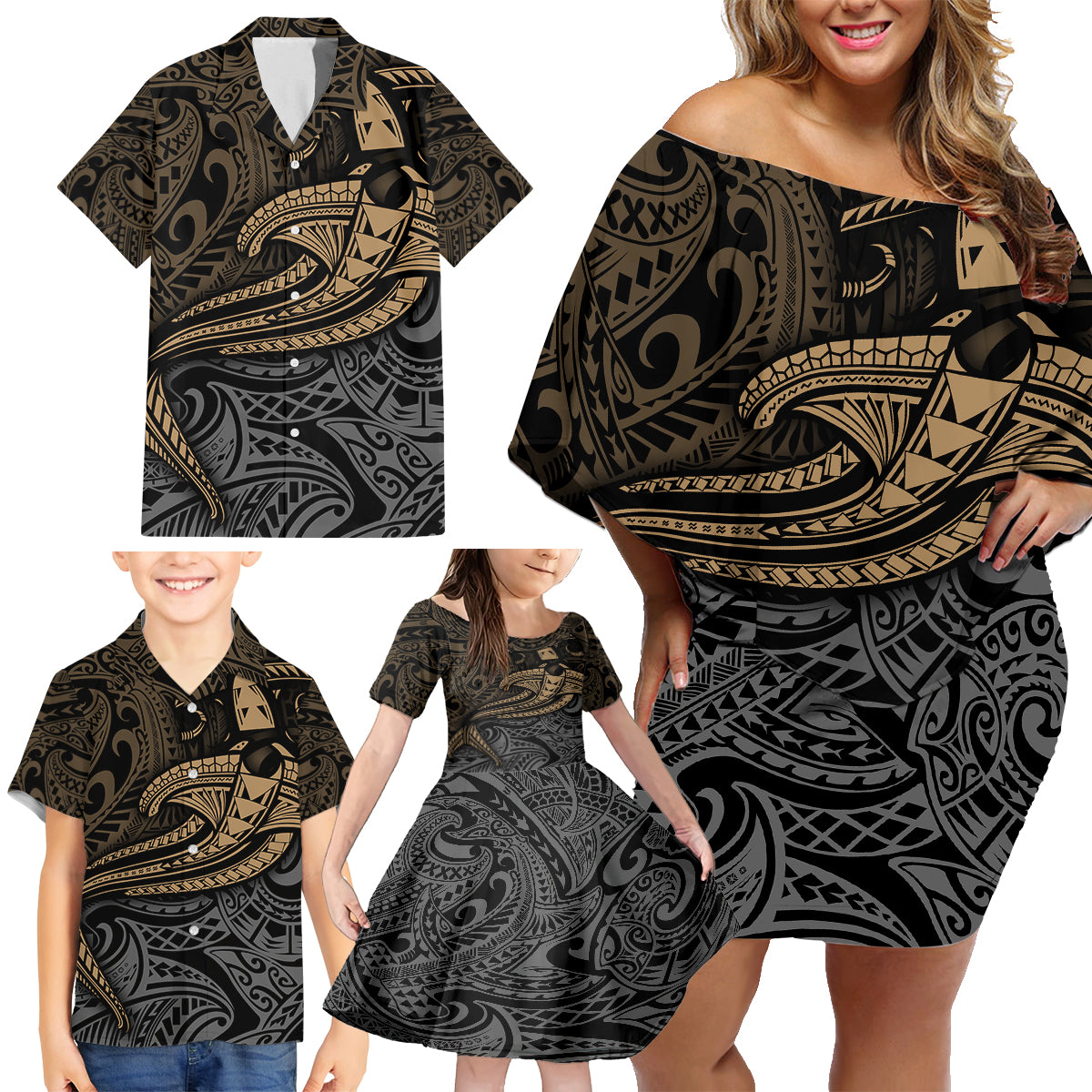 Polynesian Family Matching Off Shoulder Short Dress and Hawaiian Shirt Hammerhead Shark Tribal Pattern TS04 - Polynesian Pride