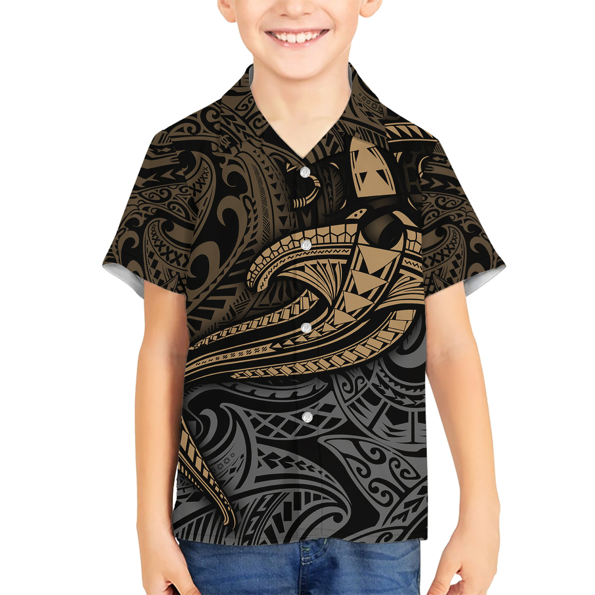 Polynesian Family Matching Short Sleeve Bodycon Dress and Hawaiian Shirt Hammerhead Shark Tribal Pattern TS04 Son's Shirt Black Yellow - Polynesian Pride