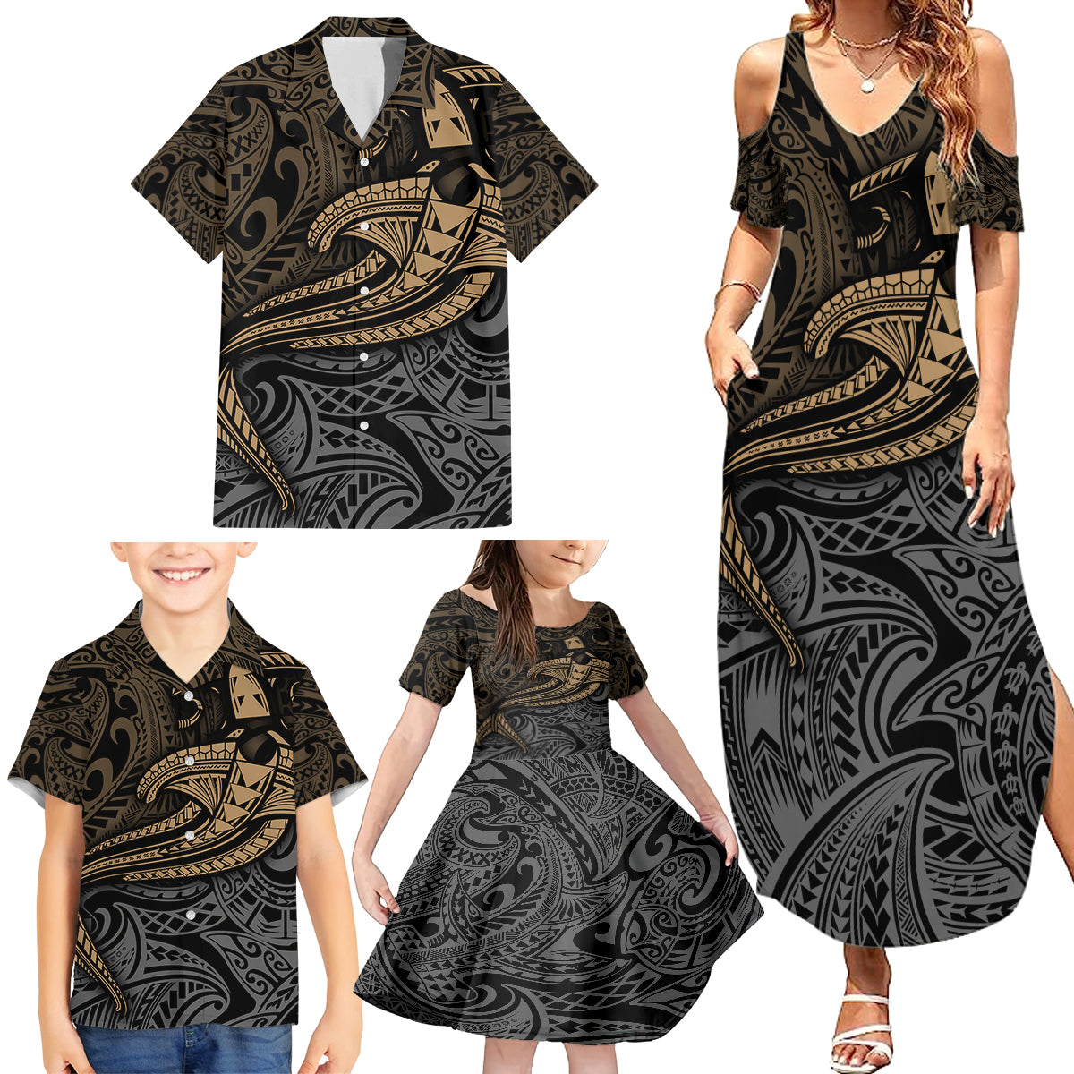 Polynesian Family Matching Summer Maxi Dress and Hawaiian Shirt Hammerhead Shark Tribal Pattern TS04 - Polynesian Pride