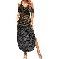Polynesian Family Matching Summer Maxi Dress and Hawaiian Shirt Hammerhead Shark Tribal Pattern TS04 Mom's Dress Black/Yellow - Polynesian Pride