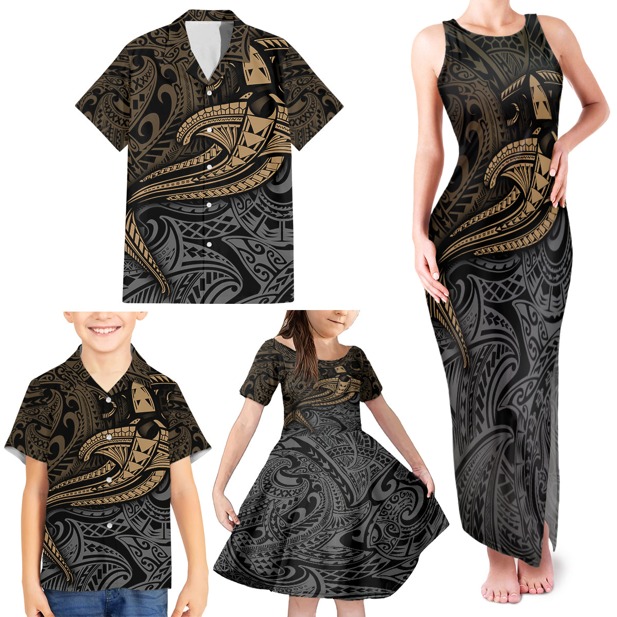 Polynesian Family Matching Tank Maxi Dress and Hawaiian Shirt Hammerhead Shark Tribal Pattern TS04 - Polynesian Pride