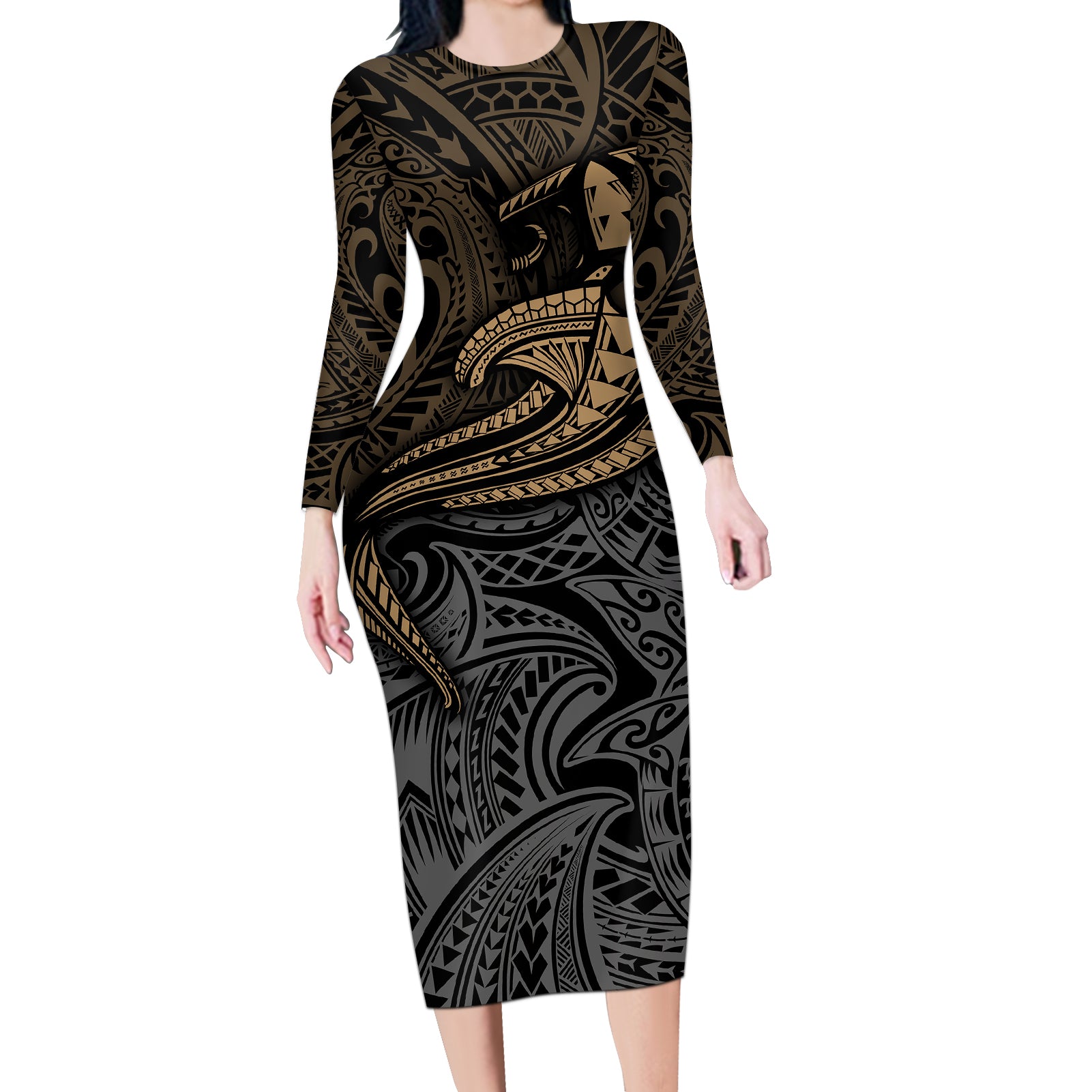 Polynesian Long Sleeve Bodycon Dress Hammerhead Shark Tribal Pattern TS04 Long Dress Black/Yellow - Polynesian Pride