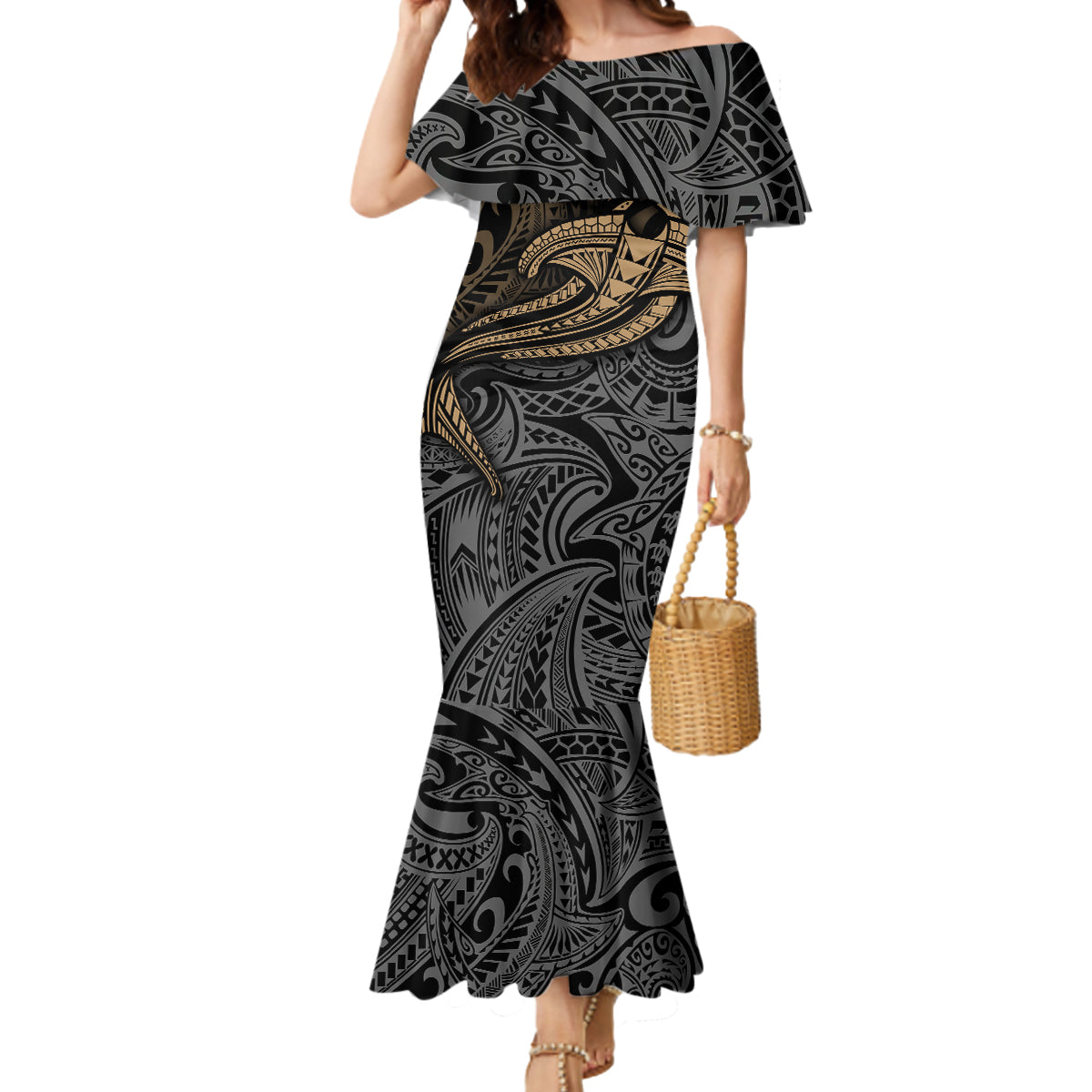 Polynesian Mermaid Dress Hammerhead Shark Tribal Pattern TS04 Women Black/Yellow - Polynesian Pride