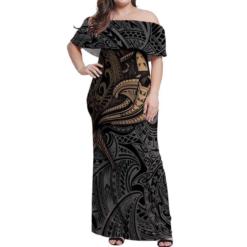 Polynesian Off Shoulder Maxi Dress Hammerhead Shark Tribal Pattern TS04 Women Black/Yellow - Polynesian Pride