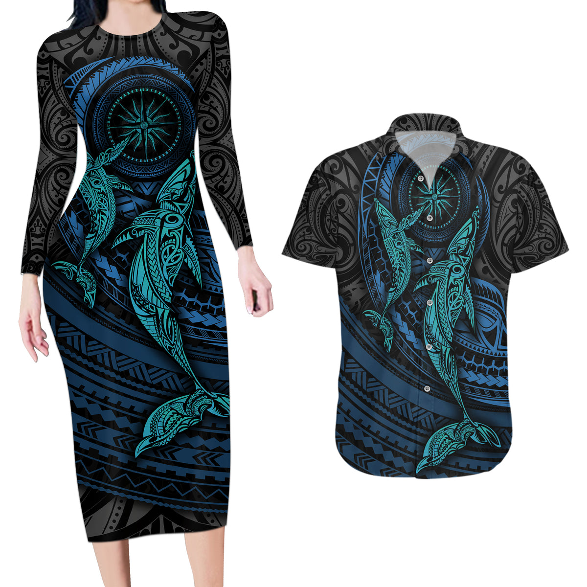 Polynesian Whale Couples Matching Long Sleeve Bodycon Dress and Hawaiian Shirt TS04 Black Cyan - Polynesian Pride