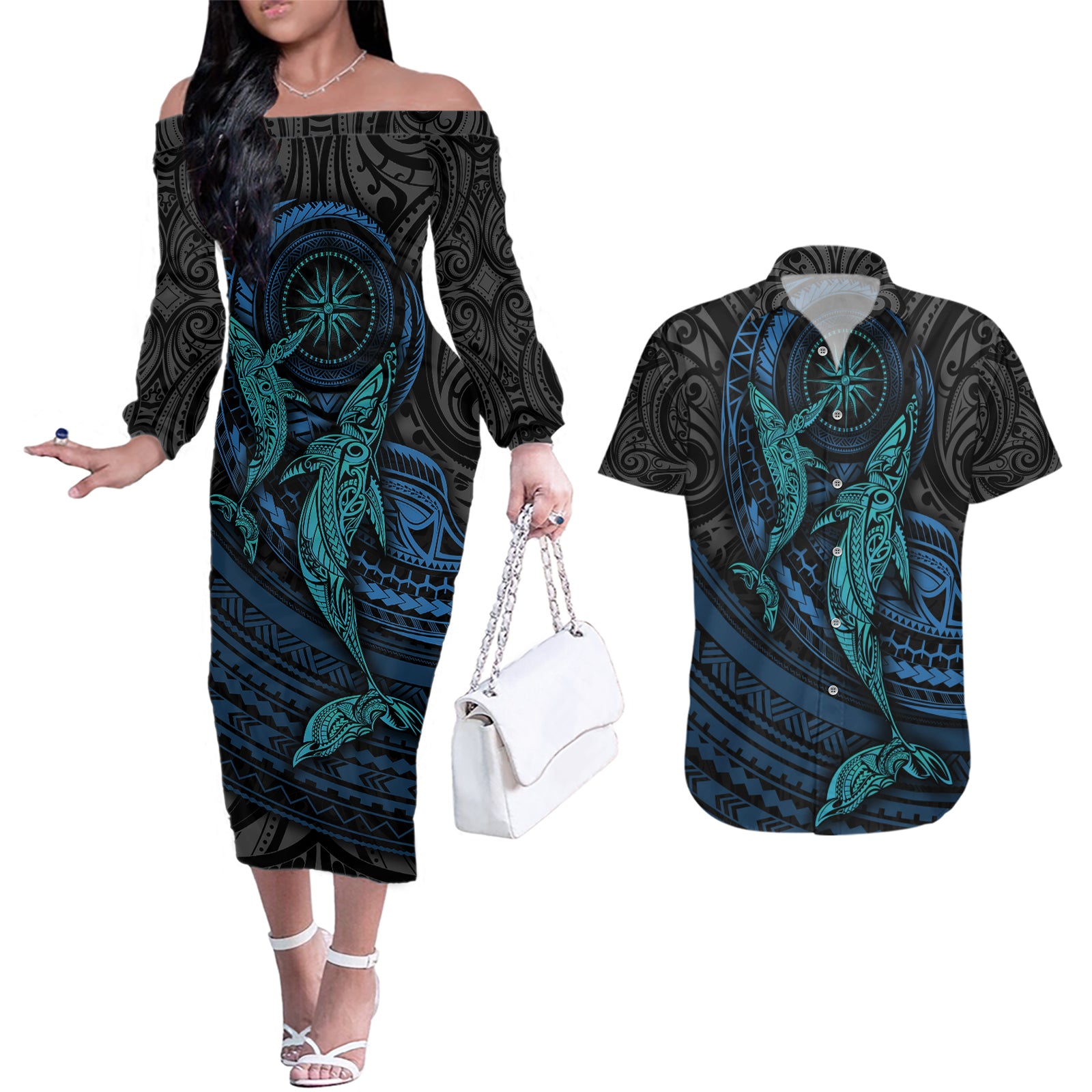 Polynesian Whale Couples Matching Off The Shoulder Long Sleeve Dress and Hawaiian Shirt TS04 Black Cyan - Polynesian Pride