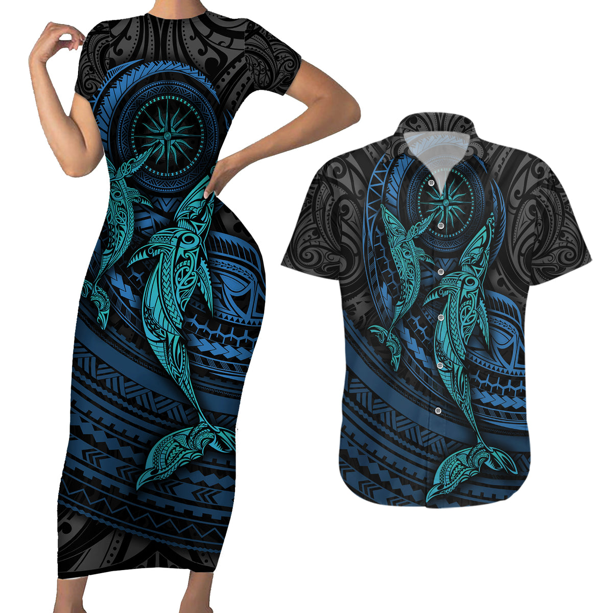 Polynesian Whale Couples Matching Short Sleeve Bodycon Dress and Hawaiian Shirt TS04 Black Cyan - Polynesian Pride