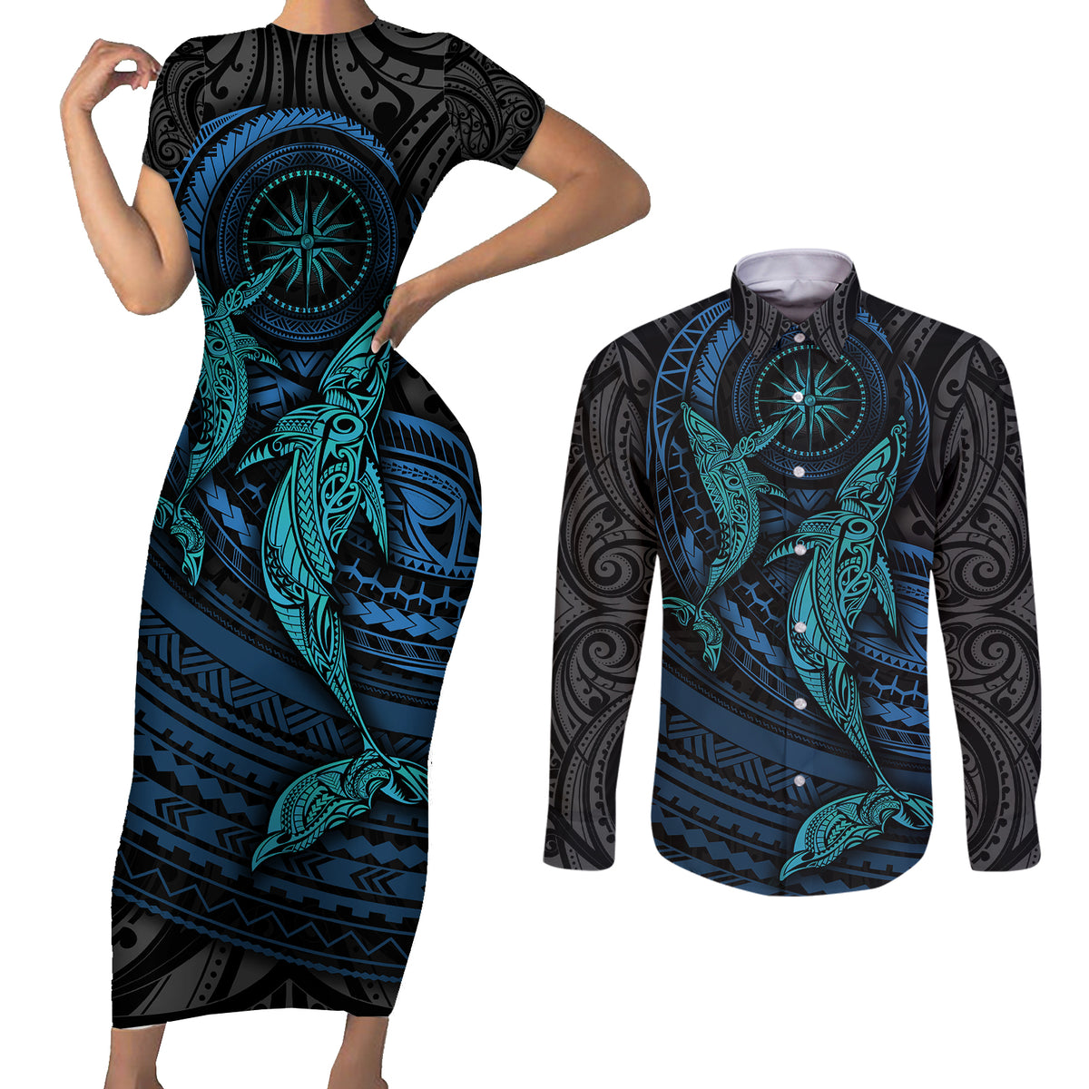 Polynesian Whale Couples Matching Short Sleeve Bodycon Dress and Long Sleeve Button Shirts TS04 Black Cyan - Polynesian Pride