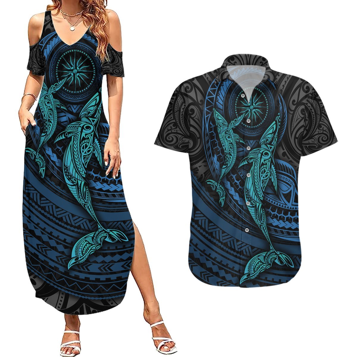Polynesian Whale Couples Matching Summer Maxi Dress and Hawaiian Shirt TS04 Black Cyan - Polynesian Pride
