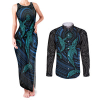 Polynesian Whale Couples Matching Tank Maxi Dress and Long Sleeve Button Shirts TS04 Black Cyan - Polynesian Pride