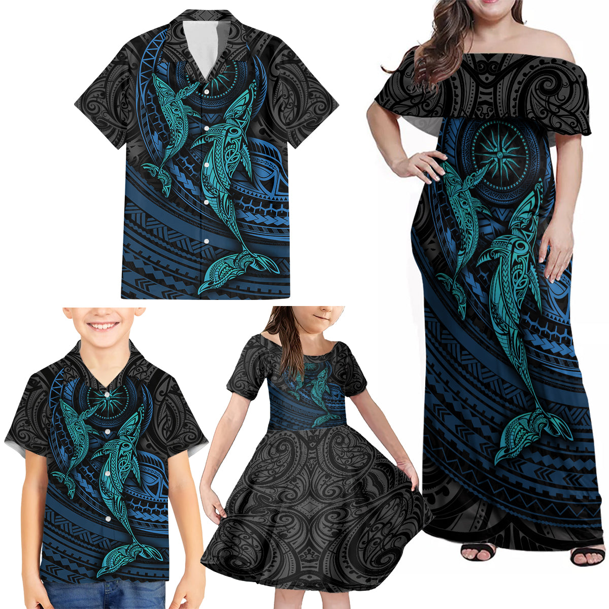 Polynesian Whale Family Matching Off Shoulder Maxi Dress and Hawaiian Shirt TS04 - Polynesian Pride