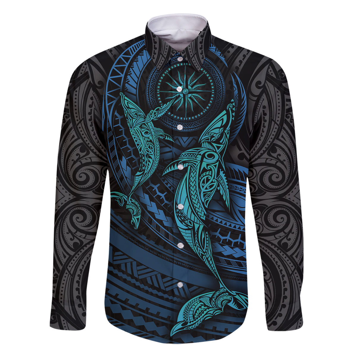 Polynesian Whale Family Matching Off Shoulder Short Dress and Hawaiian Shirt TS04 Dad's Shirt - Long Sleeve Black/Cyan - Polynesian Pride