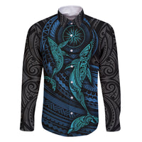 Polynesian Whale Family Matching Tank Maxi Dress and Hawaiian Shirt TS04 Dad's Shirt - Long Sleeve Black/Cyan - Polynesian Pride
