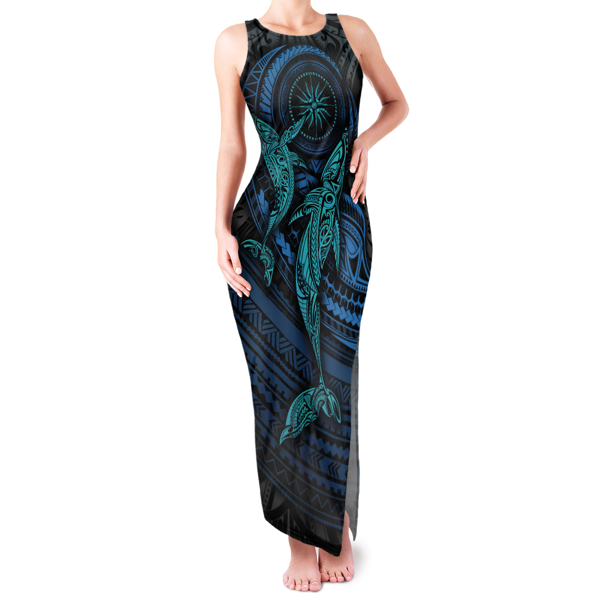 Polynesian Whale Family Matching Tank Maxi Dress and Hawaiian Shirt TS04 Mom's Dress Black/Cyan - Polynesian Pride