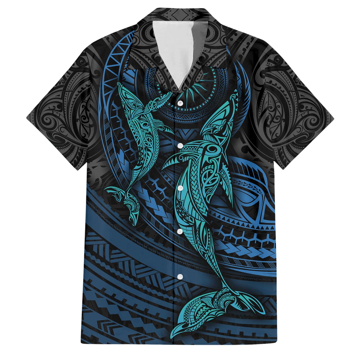 Polynesian Whale Hawaiian Shirt TS04 Black Cyan - Polynesian Pride