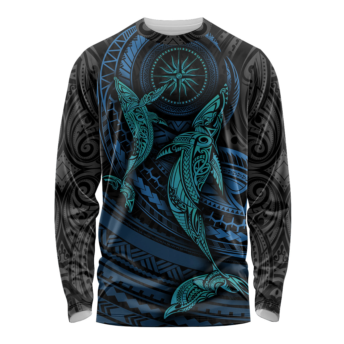 Polynesian Whale Long Sleeve Shirt TS04 Unisex Black Cyan - Polynesian Pride