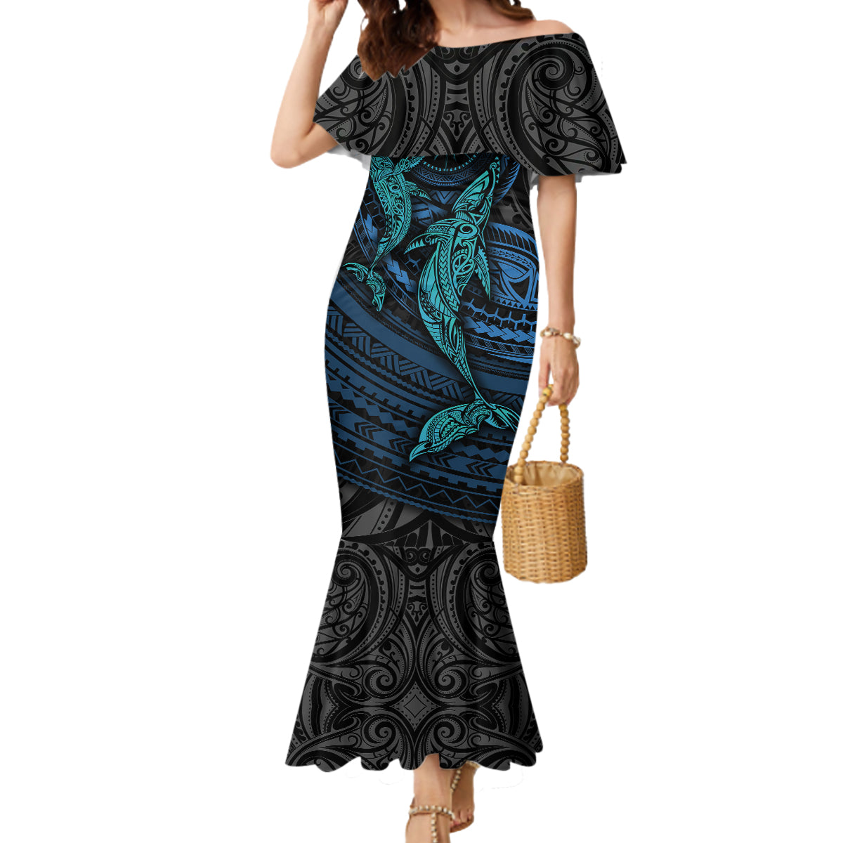 Polynesian Whale Mermaid Dress TS04 Women Black/Cyan - Polynesian Pride