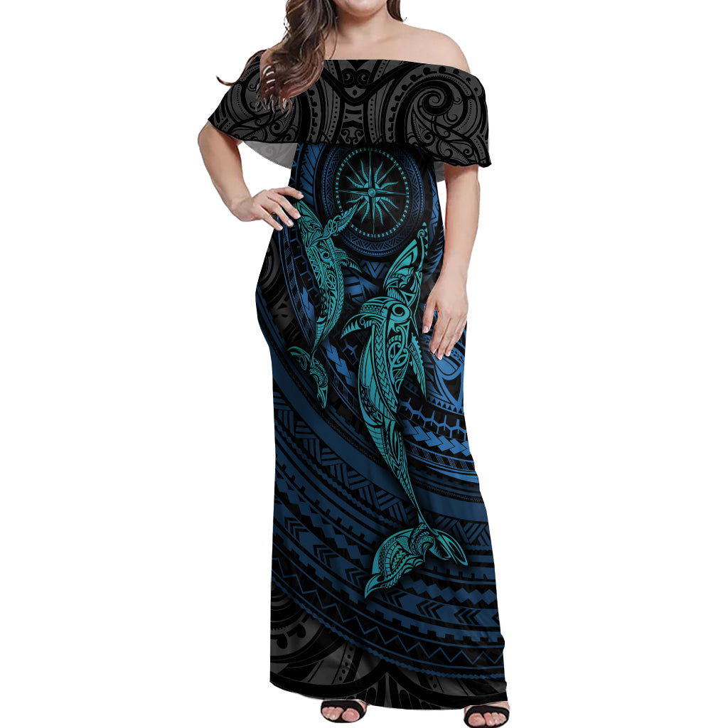 Polynesian Whale Off Shoulder Maxi Dress TS04 Women Black/Cyan - Polynesian Pride