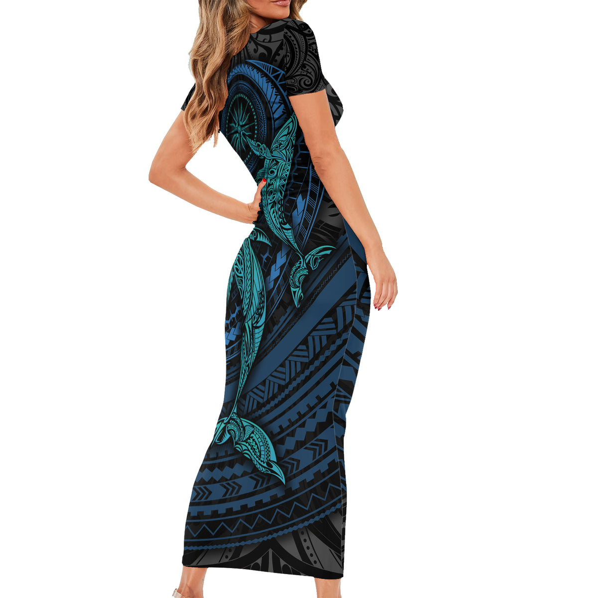 Polynesian Whale Short Sleeve Bodycon Dress TS04 - Polynesian Pride