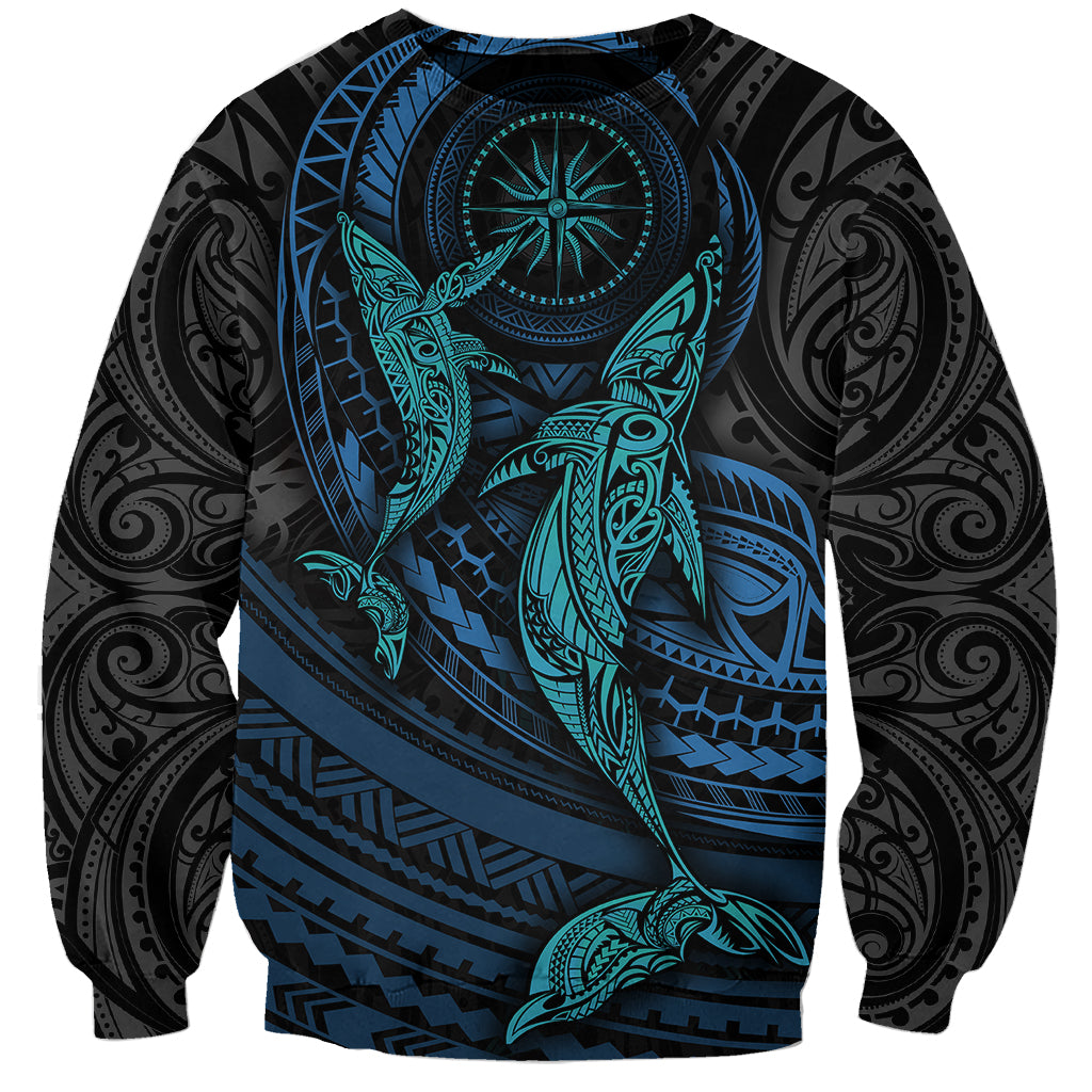 Polynesian Whale Sweatshirt TS04 Unisex Black Cyan - Polynesian Pride