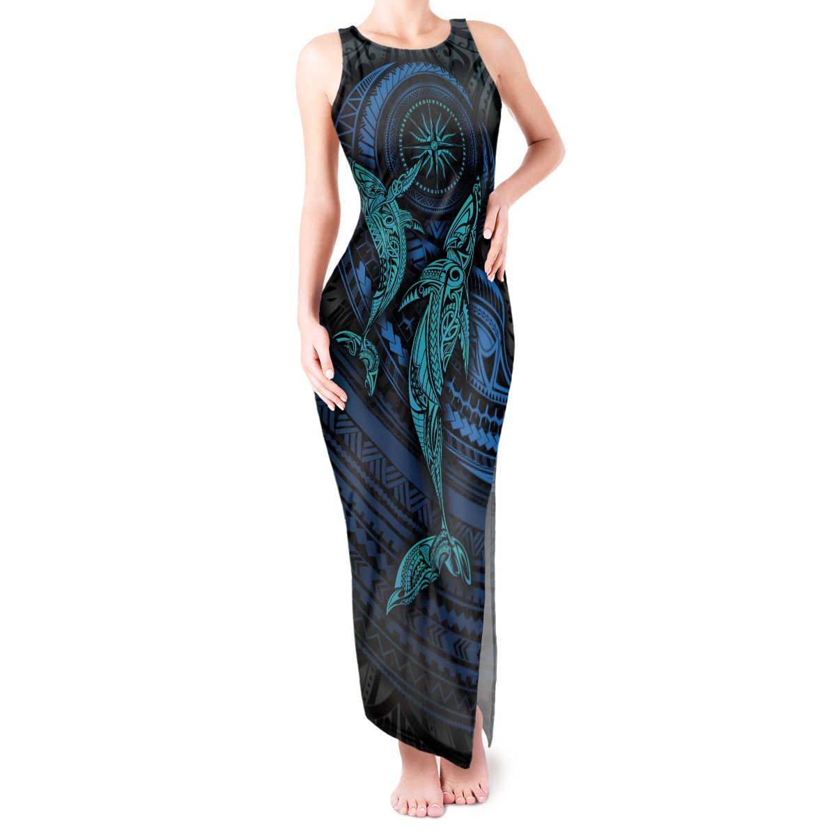 Polynesian Whale Tank Maxi Dress TS04 Women Black Cyan - Polynesian Pride