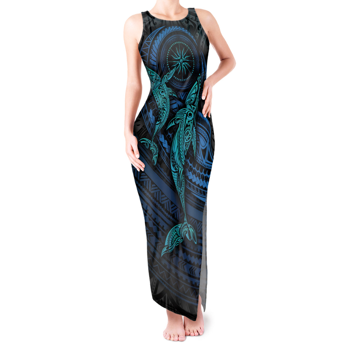 Polynesian Whale Tank Maxi Dress TS04 Women Black/Cyan - Polynesian Pride