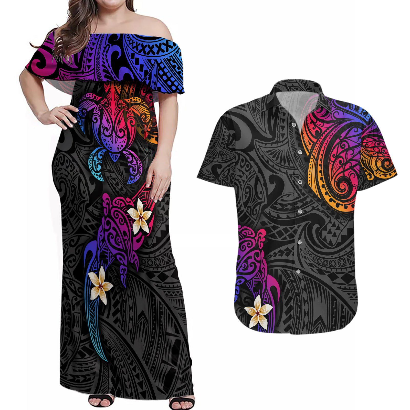 Turtle and Plumeria - Polynesian Couples Matching Off Shoulder Maxi Dress and Hawaiian Shirt TS04 Gradient - Polynesian Pride